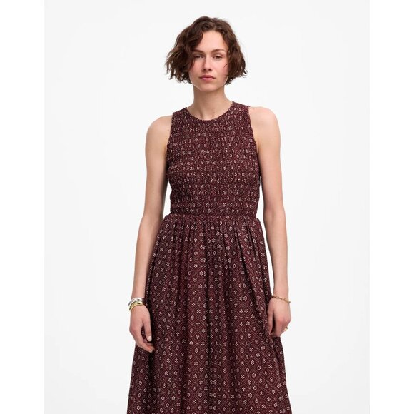 Madewell The Melody Smocked Midi Dress In Daisy Print M Dusty Plum Cotton Poplin - Picture 2 of 16